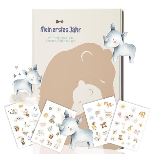 Álbum de bebé Mi primer año – Diario de bebé y libro de recuerdos con encantador diseño de rinoceronte, 28,5 x 21 cm, para nacimiento, bautizo y baby shower