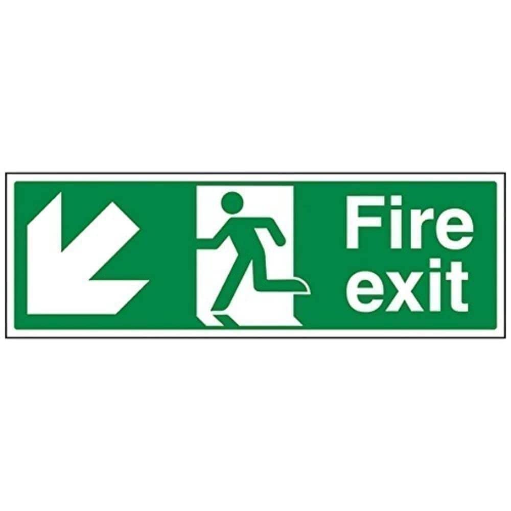 V Safety Fire Exit Arrow Down Left Sign - Landscape - 450mm x 150mm - 1mm Rigid Plastic, Green