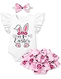 ADIFUN Baby Girl Easter Outfit 3-6 Months Infant My First Easter Baby Girl Outfit White Ruffled Short Sleeve Cute Bunny Pattern Pink Easter Egg Skirt Pants Bandana 3Pcs Sets