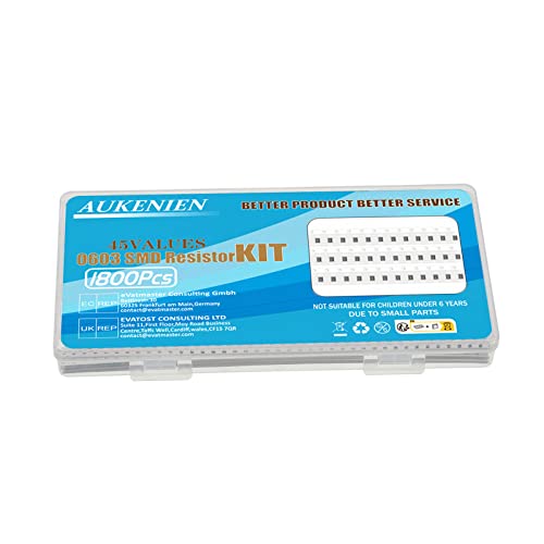 AUKENIEN 0603 SMD Widerstand Sortiment 45 Werte 1800 Stück 0R bis 10M Ohm Resistor 1/10W SMT Widerstände Kit mit ±1% Toleranz