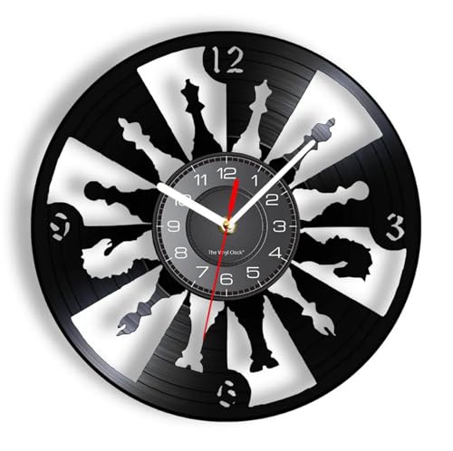 EVANEM Pendule Murale de 30CM Jeu d’échecs Horloge Murale décorative International Pièces d’échecs pour Salle de Jeux Décor Design Moderne Vinyle Record Retro Montres