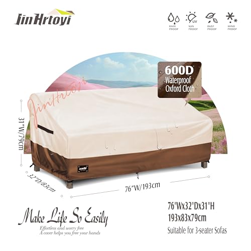 Jin Hrtoyi 3-Seater Outdoor Furniture Covers Waterproof,76\"Wx32\"Dx31\"H Inches Outdoor Couch Cover, Heavy Duty Patio Furniture Covers,Beige&Brown