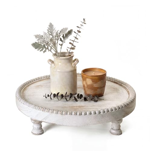 EOSAHR Wood Riser: Beaded Round Display Stand for Kitchen Decor, Whitewash