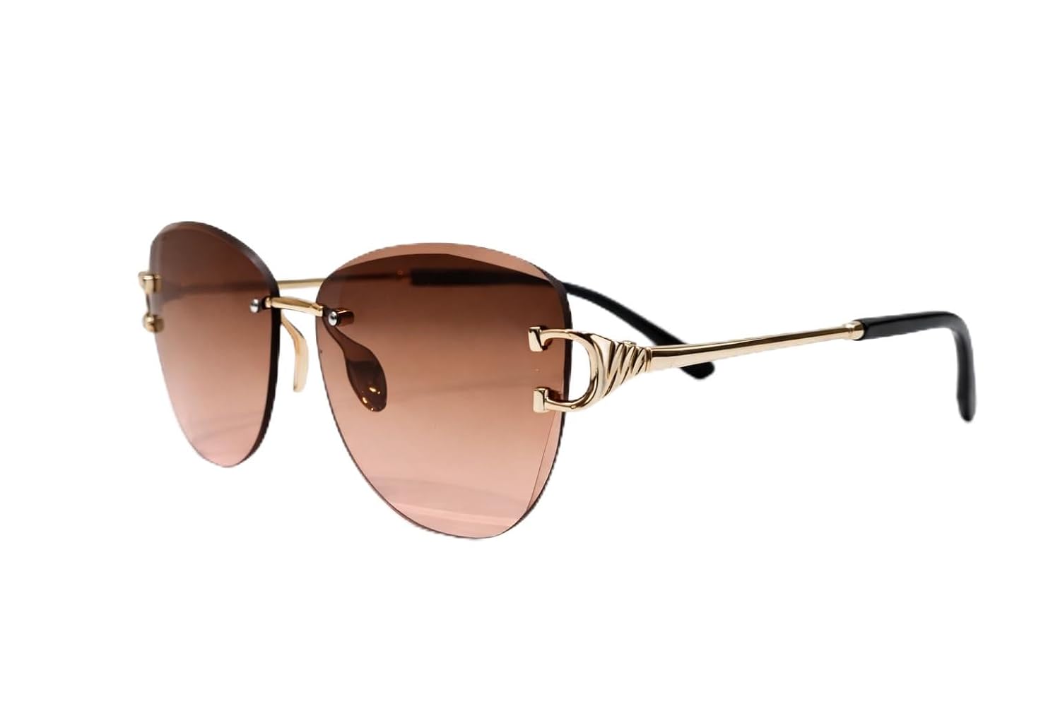 Gypsy Rimless Sunglasses, Brown Gradient Lenses, Gold Metal Frame with Decorative Temple Detail