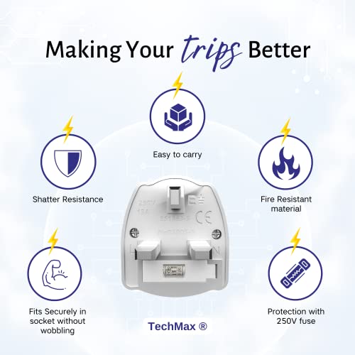TechMax US to UK Plug Adapter Pack of 2 Type A and B to Type G Plug Adapter USA to UK Travel Adapter Accepts Canada, Mexico - Image 3