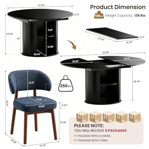 Image of MALOL 47 inch-63 inch Extendable Round to Oval Dining Table Chairs Set for 4-8, Modern Wooden Kitchen Table and Chairs with Hidden Storage and Fluted Design for Dining Room /Small Space(Black and Dark Blue)
