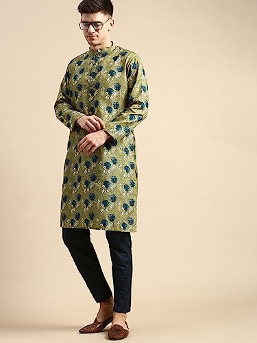 Image of Men's Black Art Silk Regular Fit Ethnic Motifs Kurta | Indian Kurta | Festive Ethnic Kurta with Embroidered Packet