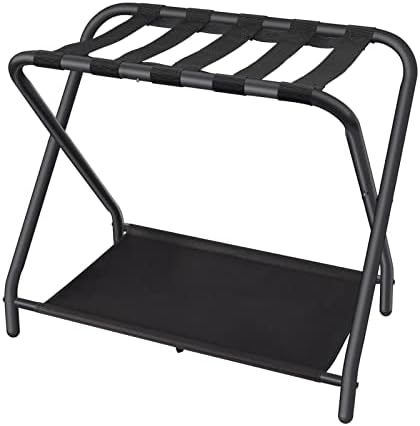 Dunatou Luggage Rack,Steel Folding Suitcase Stand with Storage Shelf for Bedroom, Living Room, Hotel Essentials, Heavy Duty Steel Frame ,Black