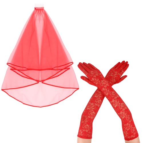 Red Veil and Gloves Set Beetlejuice Gothic Bride Costume Accessories, Halloween Wedding Veil, Victorian Masquerade