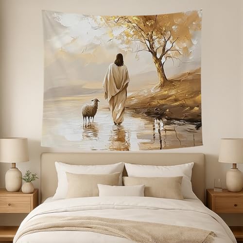 bitCNY Jesus and Sheep Tapestry 60x50 Inches – Autumn Christian Wall Art, Religious Home Decor, Pastoral Faith Tapestry for Living Room Bedroom by bitCNY - Used condition - Image 3