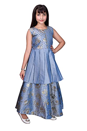 Image of Sky Heights Girl's Silk Slend Fit and Flare Maxi Wedding Dress (ZB Print Grey34 Grey 11-12 Years)