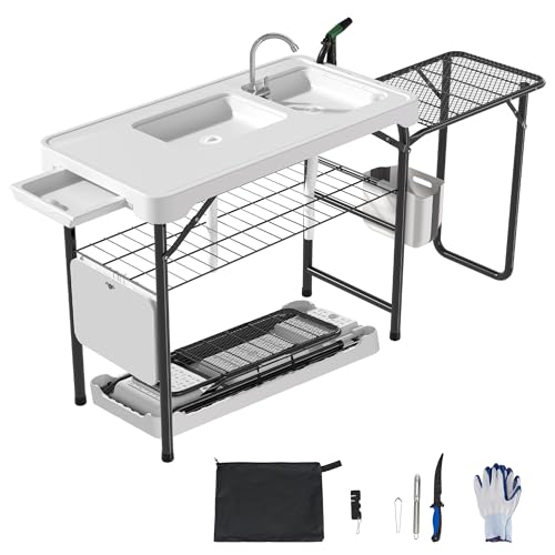 Dragosum Fish Cleaning Table, Portable Folding Camping Table with Folding Grill Extension Board,