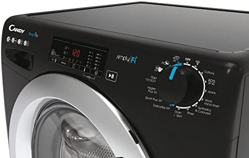 Candy Smart Pro CSO1483TWCBE Freestanding Washing Machine, WiFi Connected, 8 kg Load, 1400 rpm, Black with Chrome door