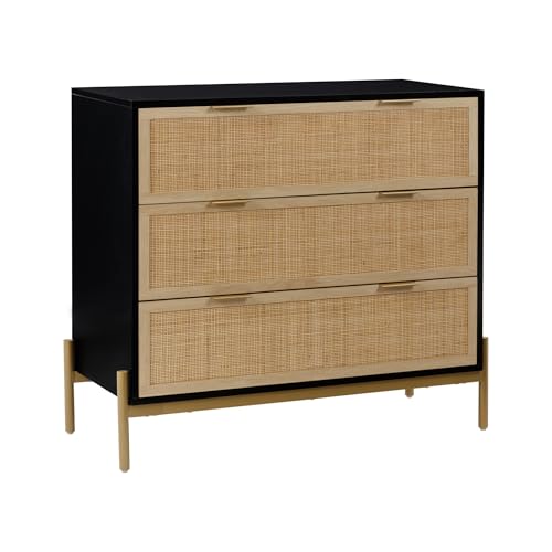 Image of Nathan James Andrew 3-Drawer Chest Rattan Dresser, Bohemian Deep Drawer Dresser for Bedroom with Natural Rattan Accent and Metal Legs, Matte Black