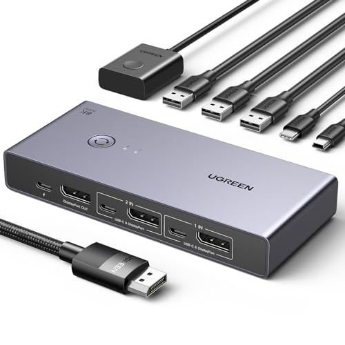 UGREEN Displayport KVM Switch 8K@60Hz, DP 1.4 mit 4 USB 3.0 Ports Unterst&uuml;tzt 8K@60Hz 4K@240Hz Share 1 Monitor Tastatur Maus U-Disk Drucker, mit 2 DP Kabeln, 2 USB A zu C Kabeln