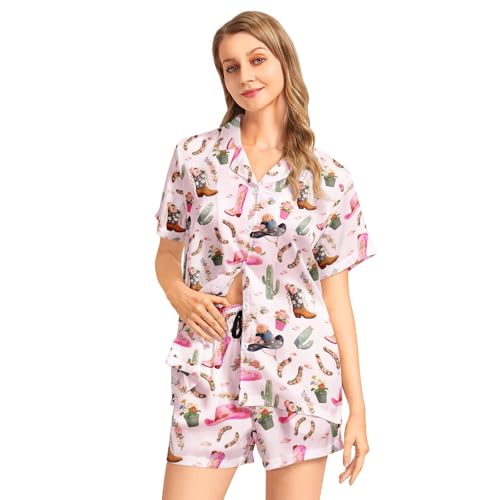 Image of Funny Pajamas for Women Set Print Satin Loungewear Pjs Short Sleeve Button Down Top and Shorts Sets Sleepwear XS-3XL