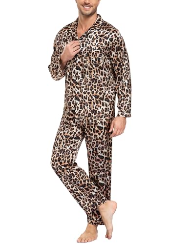 Image of SWOMOG Mens Silk Satin Pajamas Set Long Sleeve Sleepwear Button-Down Pj Two-piece Loungewear with Long Pants S-XXL