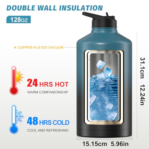 Image of 1 Gallon Water Bottle Insulated(Cold for 48 Hrs),BPA Free&Leak Proof,128oz Stainless Steel Water Jug,Large Water Bottle with Straw Spout Lids for Gym,Hiking,Camping&Travel,Black Blue