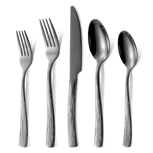 OIULO Black Hammered Silverware Set, Heavy Duty Flatware Set, 18/0