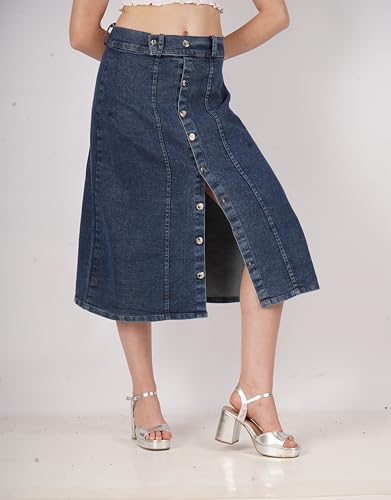 Image of Straight Stylish Comfortable Long Two Button Up Slit Dobby Denim Skirt for Women & Girls