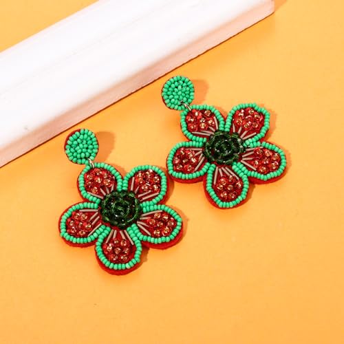 Beaded Drop Earrings Statement Colorful Beaded Flower Earrings Handmade Bohemia Tropical Beadwork Dangle Earrings For Woman
