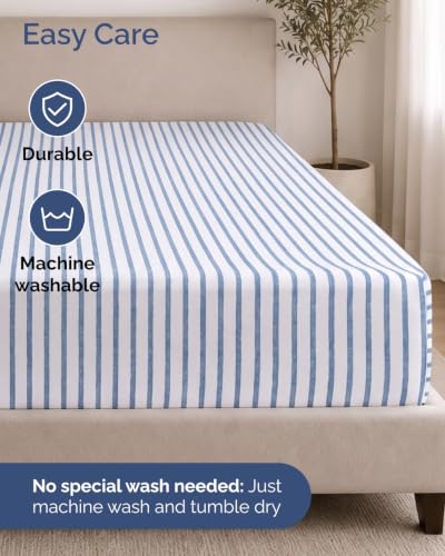 Image of Extra Deep Flex Top Split Head King Fitted Sheet - Hotel Luxury Single Fitted Sheet Only - Easily Fits 18 inch to 24 inch Mattress - Ultra Soft, Wrinkle Free w /Extra Deep Pockets - Blue Stripes 2
