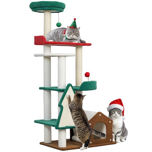 Tiragraffi PawHut con colori natalizi, albero per gatti da 135 cm con 6 livelli, tiragraffi per gatti con grotta per gatti, palla da gioco, tiragraffi in sisal, per 1-2 gatti fino a 5 kg, multicolore
