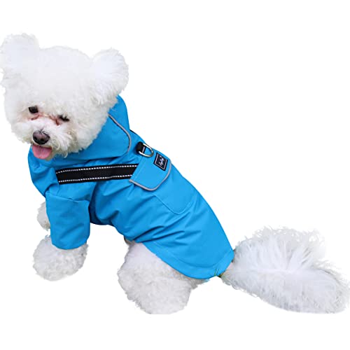 JoyDaog Regenmantel für extra kleine Hunde mit Kapuze, wasserdichte Outdoor-Regenjacke für Hunde, Welpen-Regenmantel mit Taschen, Blau, XS
