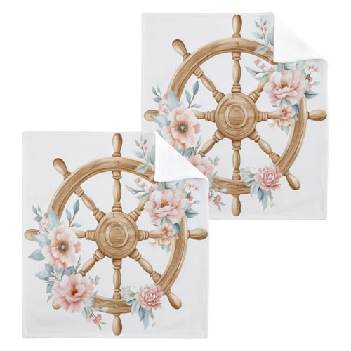 ALAZA Wash Cloth Set 100% Cotton Fingertip Towels Face Cloths Sets Ship Wheel Flowers Highly Absorbent Soft Feel Set of 2