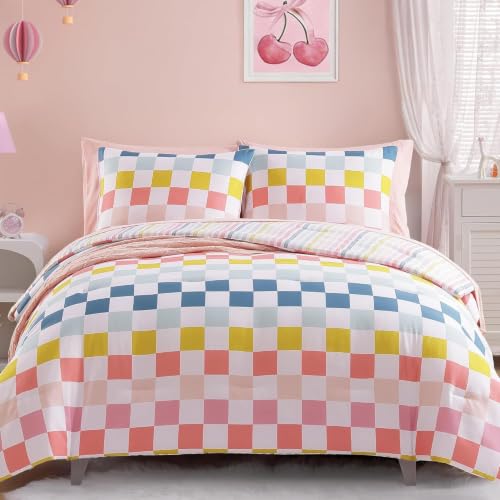 Image of Queen Comforter Set with Sheets for Girls-7 Pieces Soft Queen Bedding Sets | Bed in A Bag Colorful Checkered Printed Comforter with Pillowcases & Shams, 90 inch X 90 inch