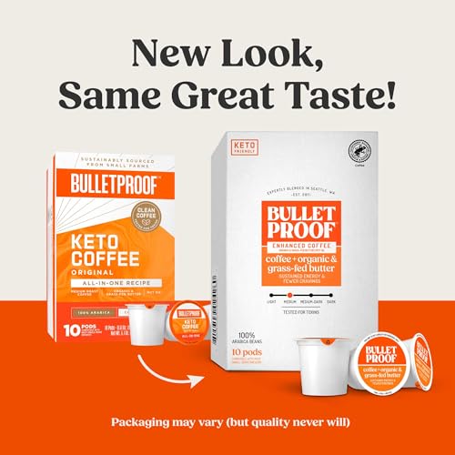 Bulletproof Coffee + Organic Grass-Fed Butter Single-Serve Pods, 10 Count, Keto Coffee, All-in-one Recipe with MCT Oil and Butter, Packaging May Vary