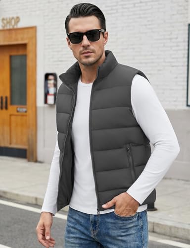 Image of WHN Men's Casual Puffer Vest Lightweight Full Zip Up Work Sleeveless Jacket Stand Collar Outerwear with 3 Pockets