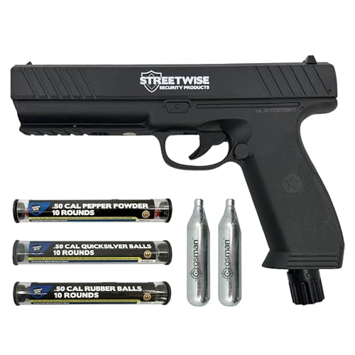 Streetwise Heat .50 Caliber Defense Launcher, Kinetic Impact Ball Gun – Personal Protection Pistol Includes 10 Rubber Balls, 10 Quicksilver Metal Composite Rounds, & 2 CO2 Canisters