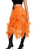 Kaei&Shi Long Tulle Skirt,High Waisted Asymmetrical Ruffle Skirts for Women,Renaissance Fairy Costume Concert Birthday Party Orange One Size