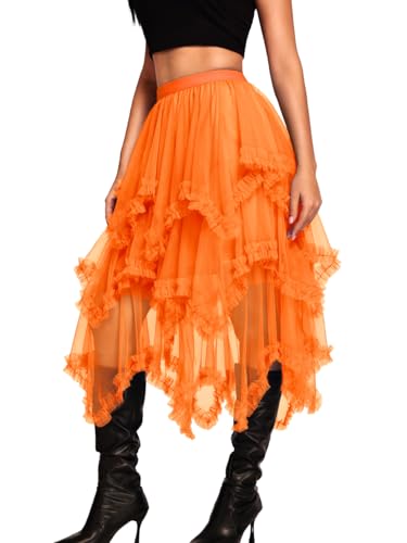 Kaei&Shi Long Tulle Skirt,High Waisted Asymmetrical Ruffle Skirts for Women,Renaissance Fairy Costume Concert Birthday Party Orange One Size