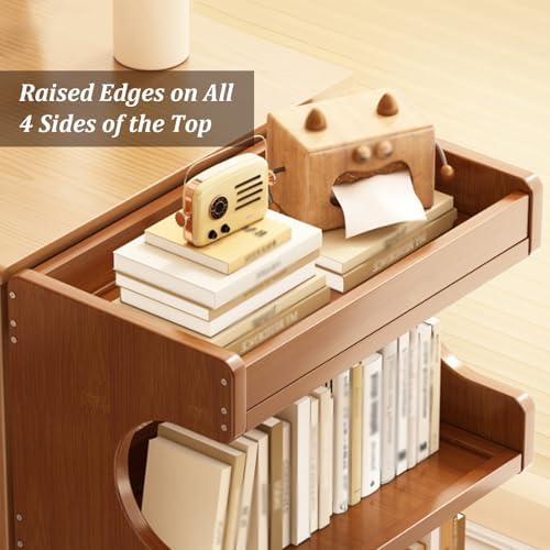 Bamboo Book Cart with Wheels, 3-Tier Open Book Rack, Floor Standing Organizer with Rounded Corners, Ideal for Office, Study, Living Room, and Bedroom Storage