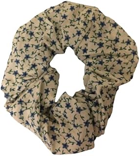 Hair Elastic Scrunchie - Cream and Blue Floral - Feminine Hair Tie With Flowers and Vines - Gift, Stocking Stuffer, or Ponytail Fashion Accessory