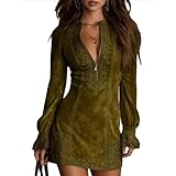 Women Long Sleeve Mini Dress Half Zip Round Neck Lace Western Cowgirl Retro Dress Sexy Bodycon Fall Fashion Outfits XS-3XL Green