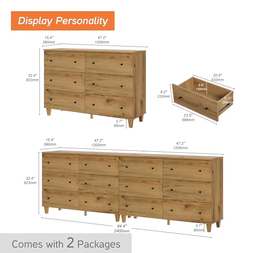 Image of WAMPAT Bedroom Dresser with 12 Drawers, Modern Chest of Drawers with Black Knobs, 94.4 Inch Wide Oak Brown Wood Finish Storage Organizer for Kids Room, Living Room, Nursery