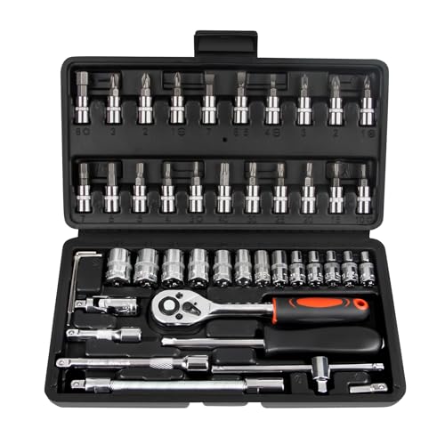 1/4 Inch Drive Socket Set with Ratchet Wrench, 46 Pieces Metric Set with Case for Car and Home Repair and Maintenance, EDL046