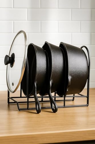 Image of Black Iron 5-Slot Pan, Pot & Tawa Rack - Countertop Cookware Organizer with Pot Lid Holder | Space-Saving Kitchen Stand (12 x 7.5 x 8.5 Inches) sheet