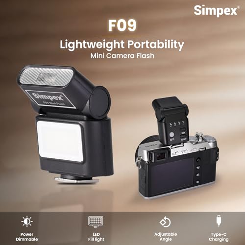 Image of Simpex Mini Camera Flash F09, Mini Speedlite with Guide Number 8, 6500K Colour temprature, in Built li-on Battery with Type-C Charging and Universal Compatibility.
