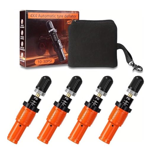 4 PCS Adjustable Auto-Stop Tire Deflator Valve Kit(10-30 PSI) Screw-on Tyre Air Down Tool Automatic Tire Deflators Kit for Vehicles Motorcycle Car Truck