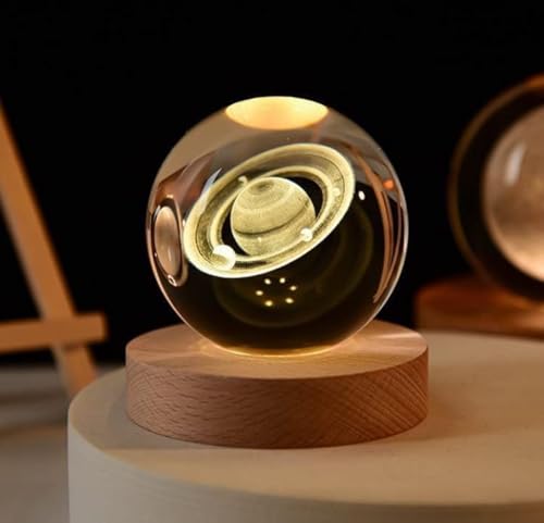 Image of STARKENDY3D Saturn Crystal Ball LED Night Lamp, Creative Engraved Night Light Wooden Base, Warm White Decorative Table Lamp for Home, Office, Bedroom, Birthday Gift