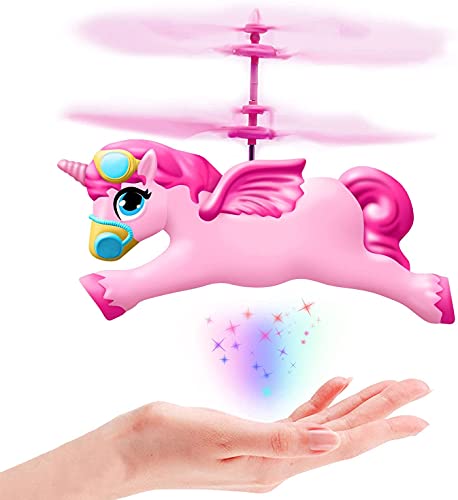 Tcvents 2021 Girls Unicorn Toys Gifts - Flying Fairy Unicorn Drone Helicopter Ball Toys for Girls Boys Age 6 7 8 9-12 Years Old, Rc & Hand Contol Flying Toys Unicorn Horse Drones Doll- Pink