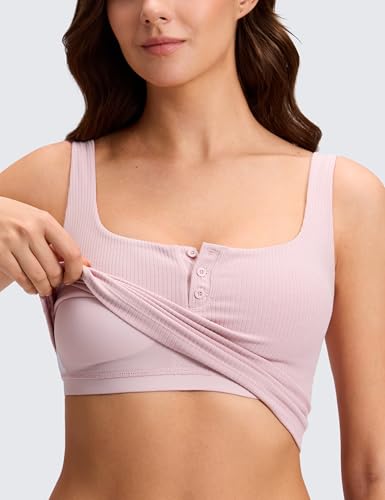 Image of CRZ YOGA Ribbed Henley Crop Tank Tops | Medium Support, Removable Pads, Casual, Square Back, Wide Straps, Longline Sports Bras for Women