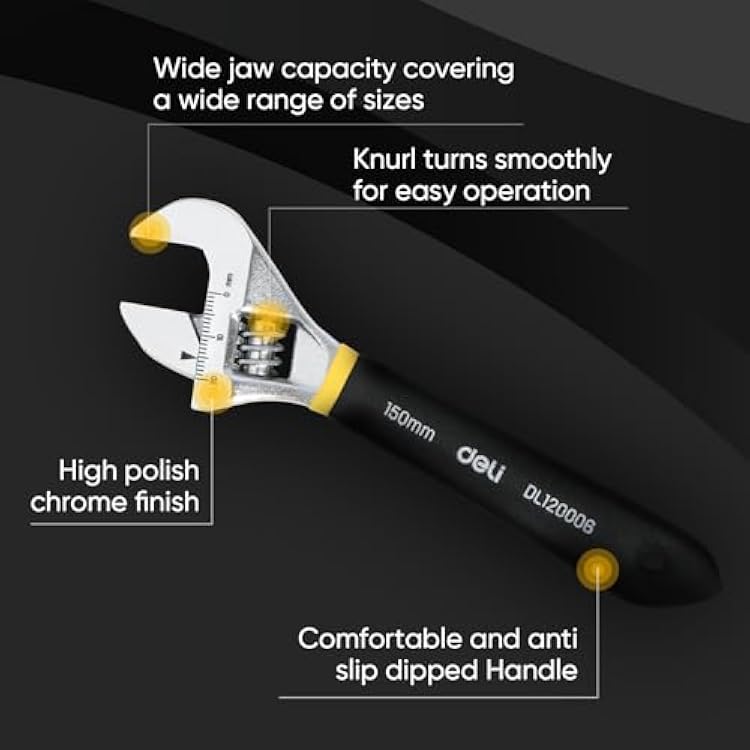 deli 6 Adjustable Wrench Heavy-Duty Chrome Anti-Slip Grip, Smooth-Jaw, Cr-V Steel, Wide Opening for Plumbing & DIY