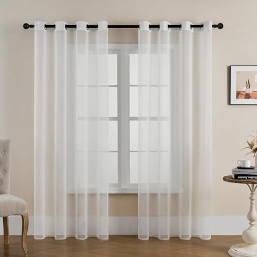White Voile Curtains for Living Room – Premium Anti-Wrinkle Eyelet Net Curtains, Semi-Sheer Privacy Panels for Bedroom, Bay Window & Patio Doors, Light Filtering Textured Drapes (2 Panels)-52x84inch