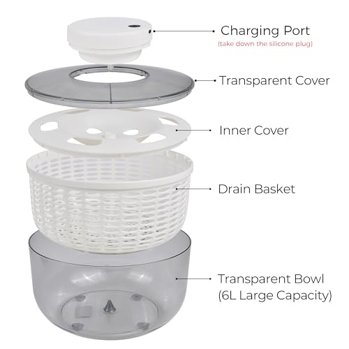 Electric Salad Spinner - Large 6L Capacity, USB Rechargeable, Fast Vegetable Drying, BPA-Free Kitchen Vegetable Dryer and Salad Dryer for Vegetables, Noodles, and Fruits