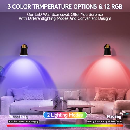 Image of 2 Pack Black Rechargeable Battery Operated Wall Sconces, Vintage Wireless Battery Powered Wall Lights with Remote, 15 RGB Dimmable, Cordless Wall Decor Lamp Indoor for Bedroom Living Room Hallway